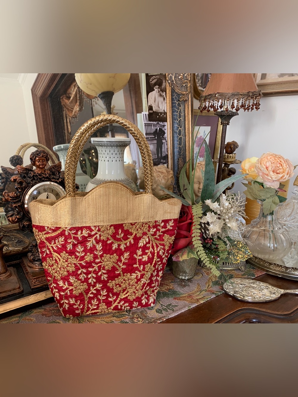 Vintage Red and Gold Floral Embroidered Eastern Boho Romance Purse Handbag